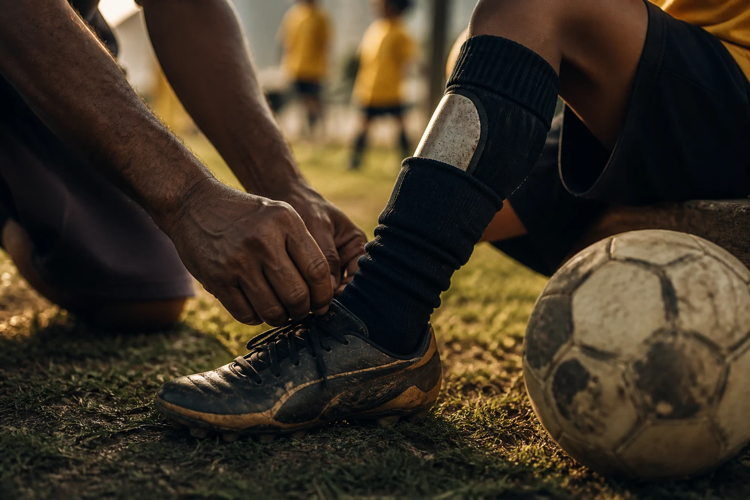 Adulto amarrando a chuteira de uma criança antes do treino