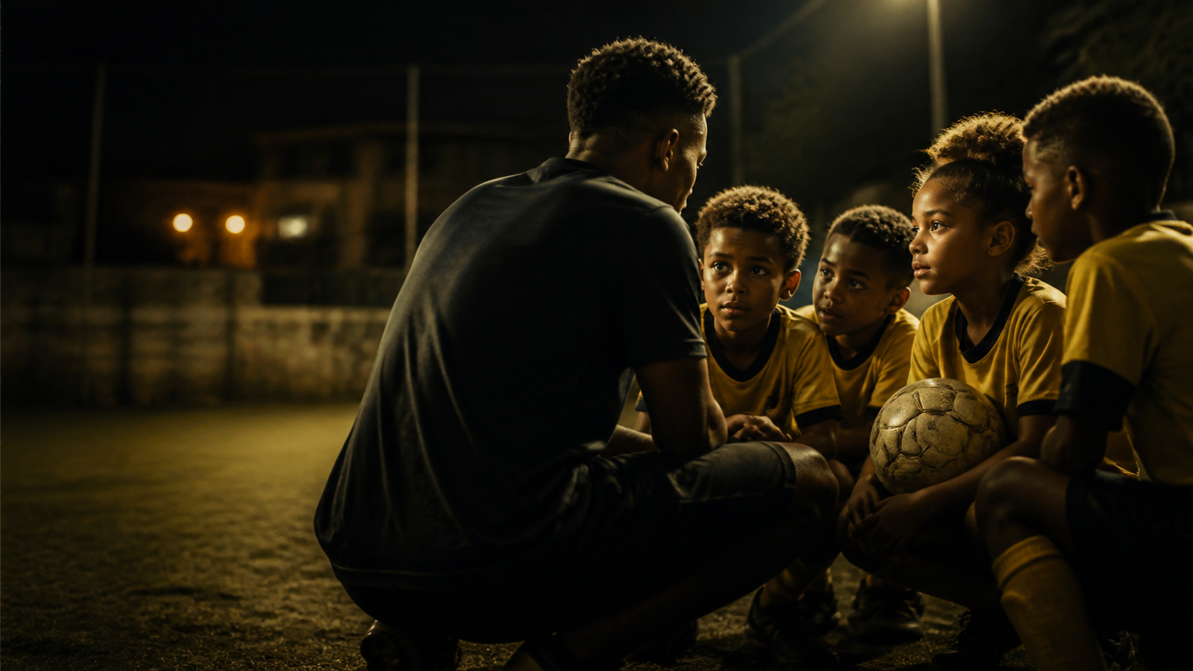 Mentor conversando com crianças em um campo de futebol comunitário